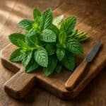 Menta fresca con foglie verdi brillanti su tagliere di legno rustico in cucina