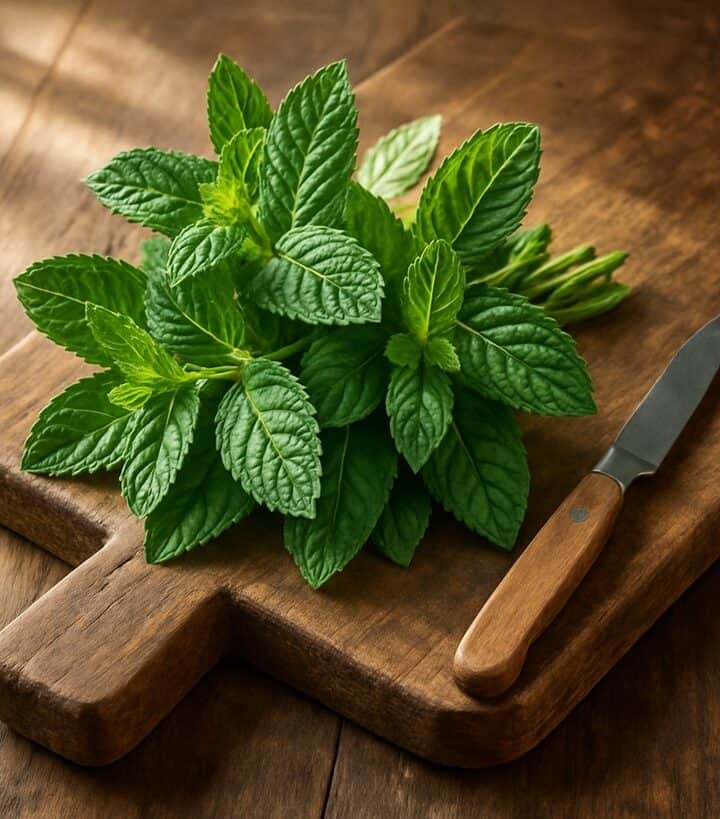 Menta fresca con foglie verdi brillanti su tagliere di legno rustico in cucina