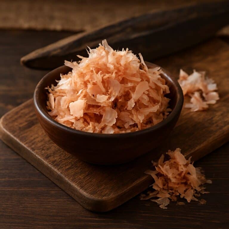 Katsuobushi in ciotola di legno su tagliere con blocco di tonnetto essiccato