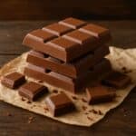 Tavolette e pezzi spezzati di cioccolato al latte su carta da forno e tavolo in legno