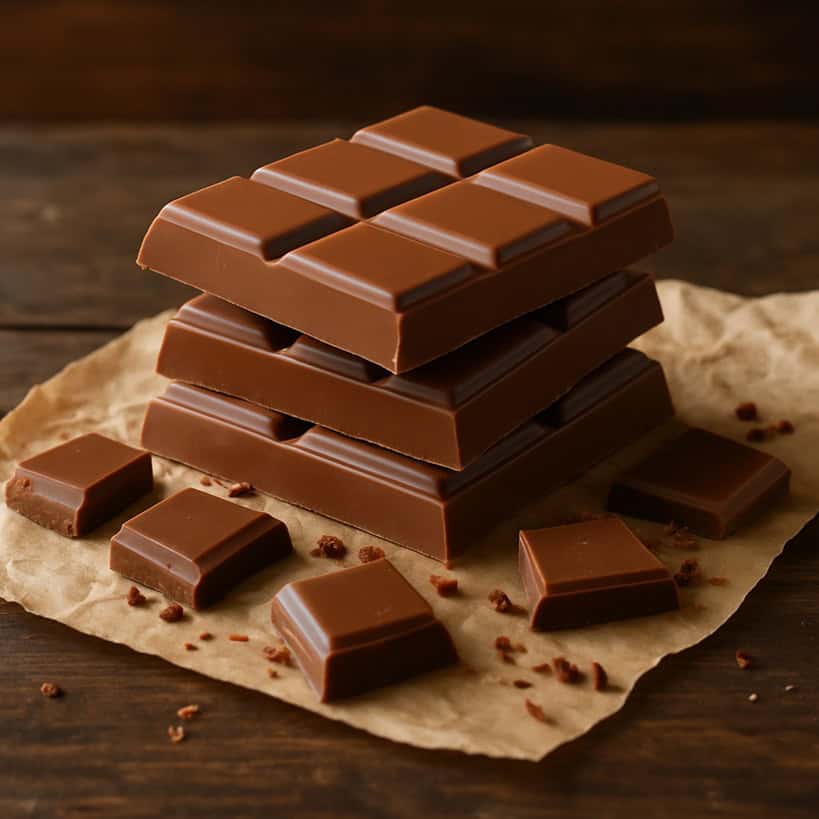 Tavolette e pezzi spezzati di cioccolato al latte su carta da forno e tavolo in legno
