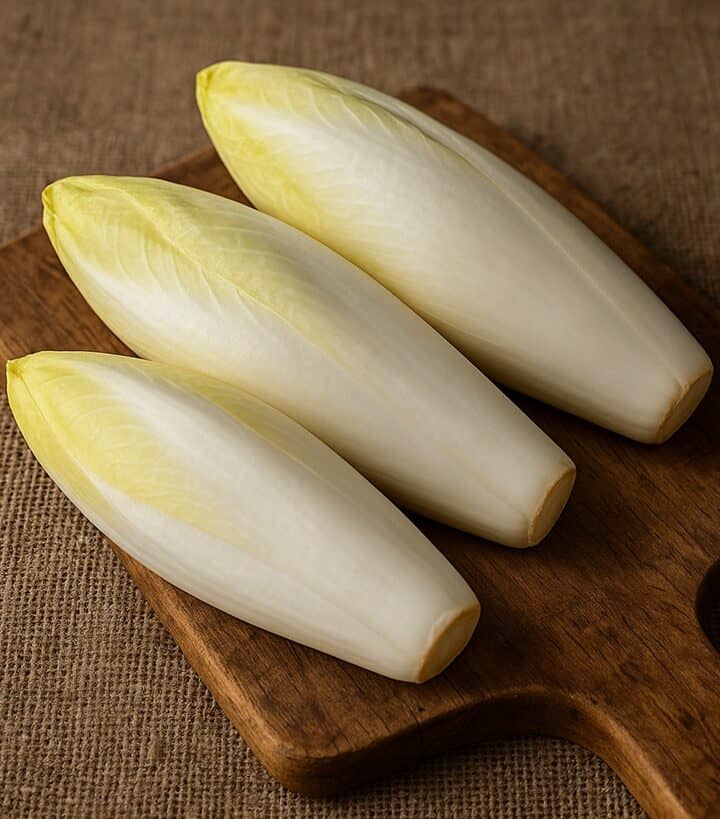 Indivia belga fresca disposta su tagliere in legno con sfondo in juta naturale