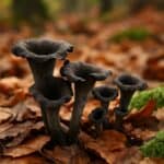 Gruppo di funghi trombette dei morti tra foglie secche su terreno di bosco