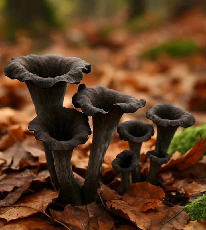 Gruppo di funghi trombette dei morti tra foglie secche su terreno di bosco