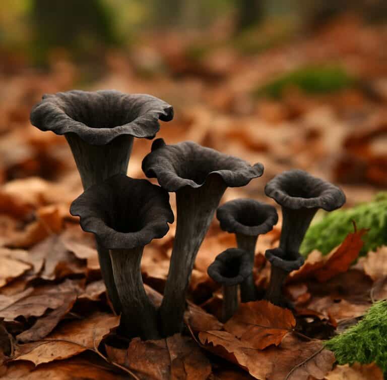 Gruppo di funghi trombette dei morti tra foglie secche su terreno di bosco