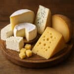 Assortimento di vari tipi di formaggio italiano disposti su un tagliere di legno