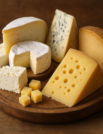 Assortimento di vari tipi di formaggio italiano disposti su un tagliere di legno