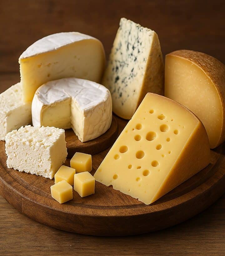 Assortimento di vari tipi di formaggio italiano disposti su un tagliere di legno