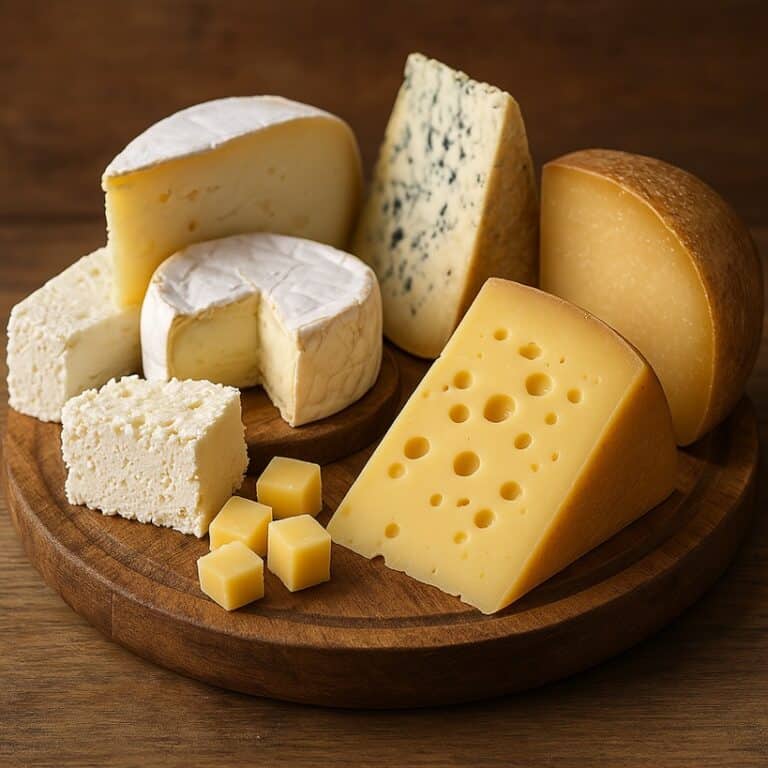 Assortimento di vari tipi di formaggio italiano disposti su un tagliere di legno
