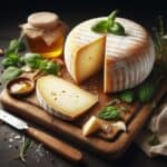 Una forma di caciotta su un tagliere, accompagnata da fette di pane e miele, che esalta il suo sapore morbido e autentico
