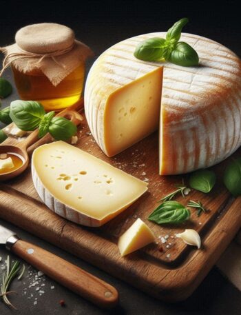 Una forma di caciotta su un tagliere, accompagnata da fette di pane e miele, che esalta il suo sapore morbido e autentico