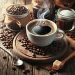 Una tazza di caffè fumante con chicchi di caffè sparsi accanto, esaltando il suo aroma intenso