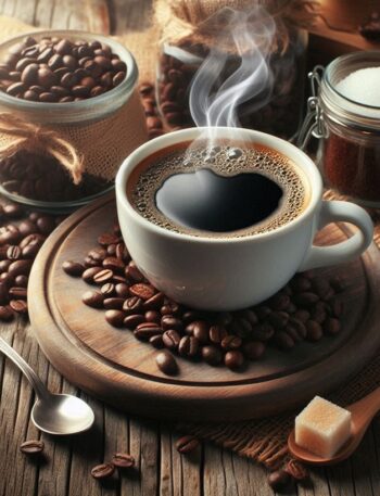 Una tazza di caffè fumante con chicchi di caffè sparsi accanto, esaltando il suo aroma intenso