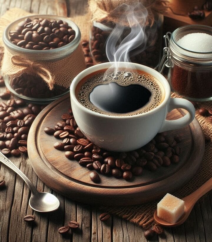 Una tazza di caffè fumante con chicchi di caffè sparsi accanto, esaltando il suo aroma intenso
