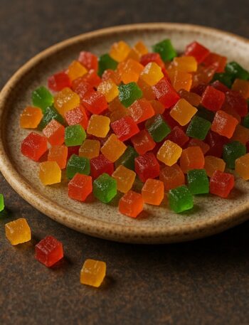 Pezzi di frutta candita colorata su un piatto, pronti per essere usati in dolci e lievitati