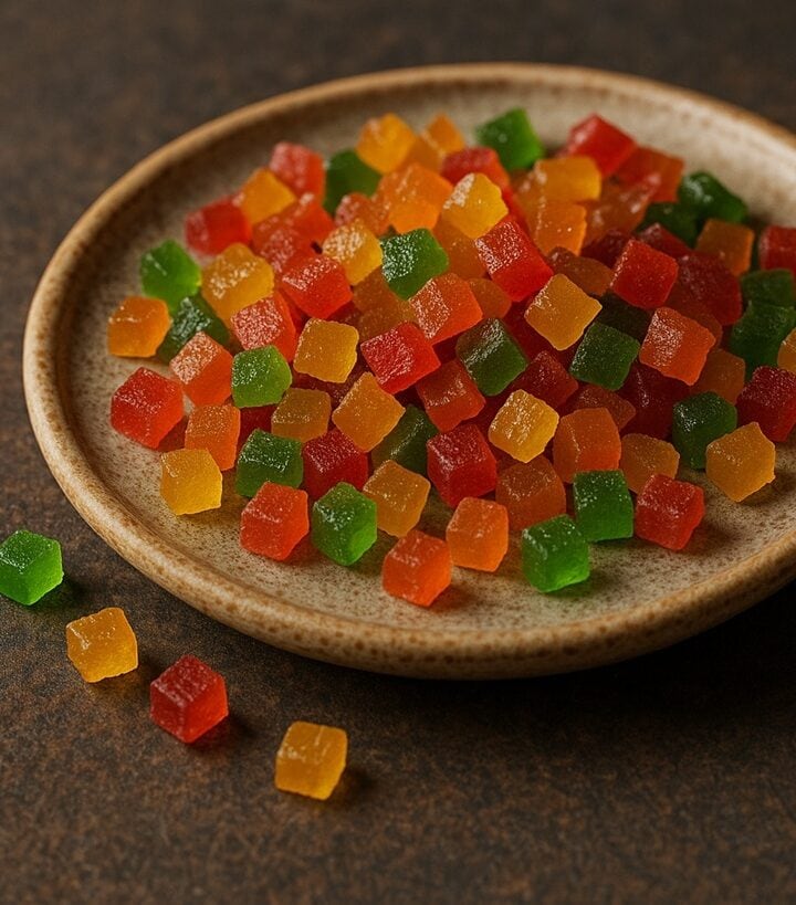 Pezzi di frutta candita colorata su un piatto, pronti per essere usati in dolci e lievitati