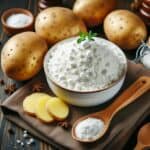 Fecola di patate bianca e fine in un cucchiaio di legno