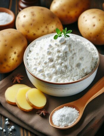 Fecola di patate bianca e fine in un cucchiaio di legno