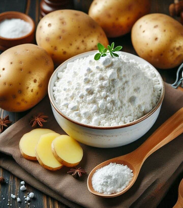 Fecola di patate bianca e fine in un cucchiaio di legno