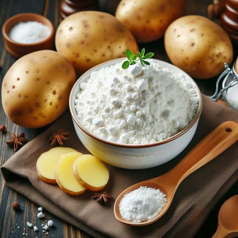 Fecola di patate bianca e fine in un cucchiaio di legno
