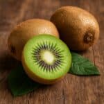 Tre frutti di kiwi maturi appoggiati su tagliere in legno naturale
