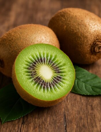 Tre frutti di kiwi maturi appoggiati su tagliere in legno naturale