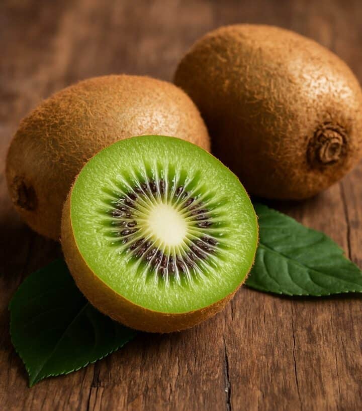 Tre frutti di kiwi maturi appoggiati su tagliere in legno naturale