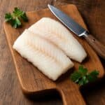 merluzzo crudo su tagliere in legno con coltello da cucina e foglie di prezzemolo fresco accanto