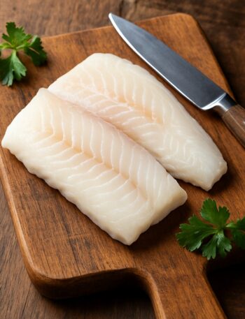 merluzzo crudo su tagliere in legno con coltello da cucina e foglie di prezzemolo fresco accanto