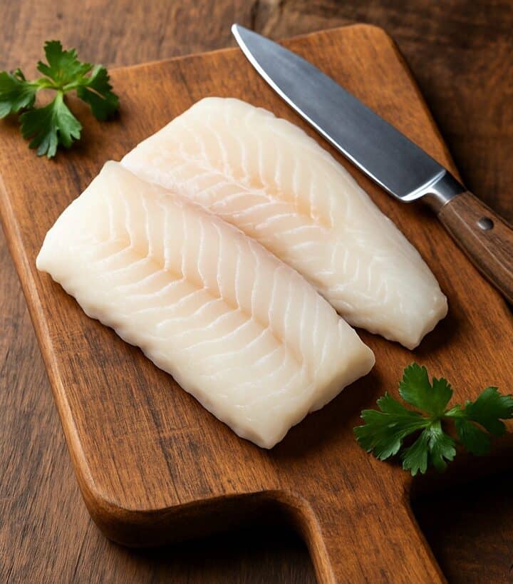 merluzzo crudo su tagliere in legno con coltello da cucina e foglie di prezzemolo fresco accanto