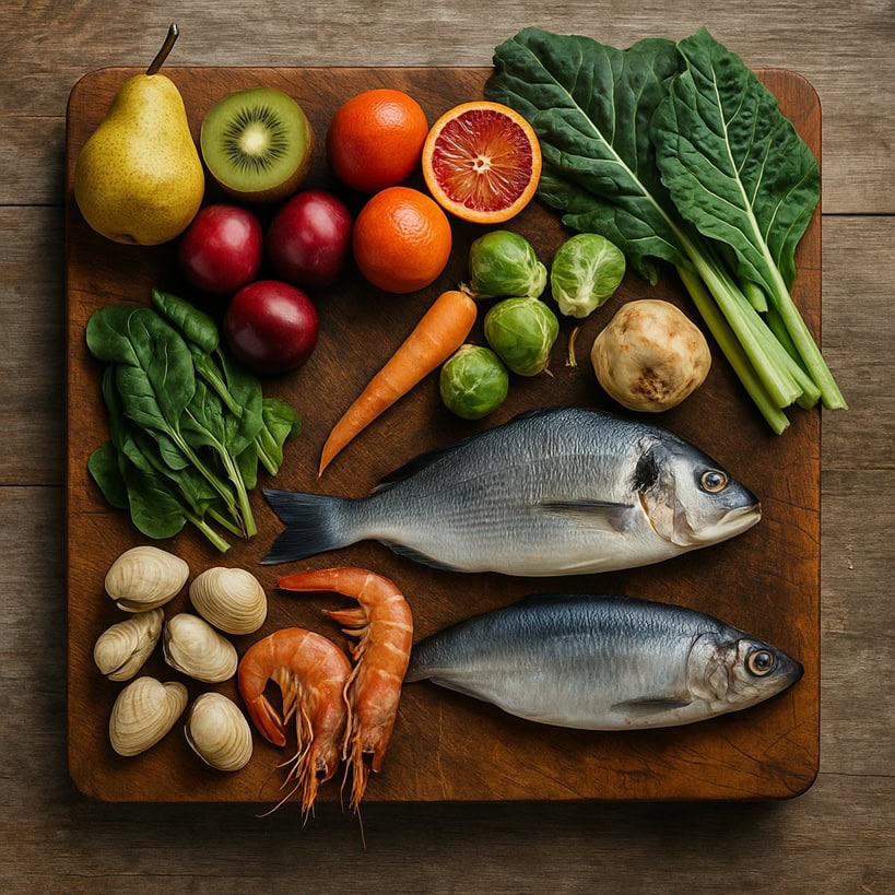 Alimenti di stagione di febbraio su tagliere in legno, con frutta, verdura e pesce fresco