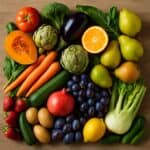 Alimenti di stagione con frutta, verdure e ortaggi su sfondo rustico