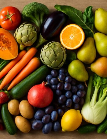 Alimenti di stagione con frutta, verdure e ortaggi su sfondo rustico
