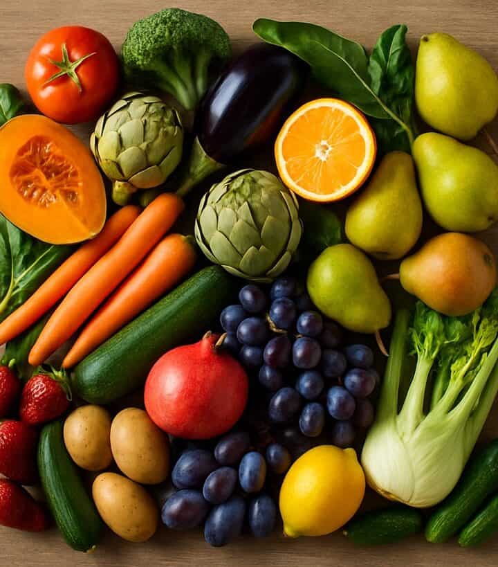 Alimenti di stagione con frutta, verdure e ortaggi su sfondo rustico