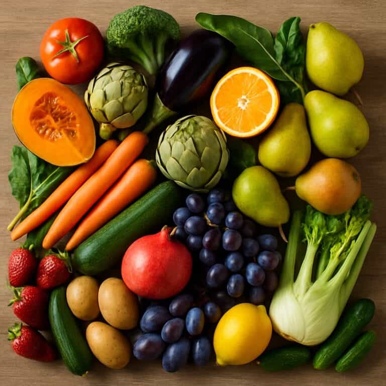 Alimenti di stagione con frutta, verdure e ortaggi su sfondo rustico