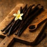 Baccelli di vaniglia su tagliere rustico con fiore di vaniglia e cucchiaio pieno di semi