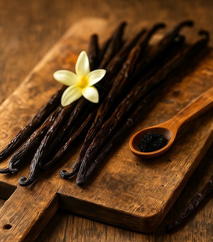 Baccelli di vaniglia su tagliere rustico con fiore di vaniglia e cucchiaio pieno di semi