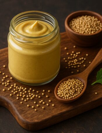 Jar di senape cremosa con semi e foglia su tagliere in legno
