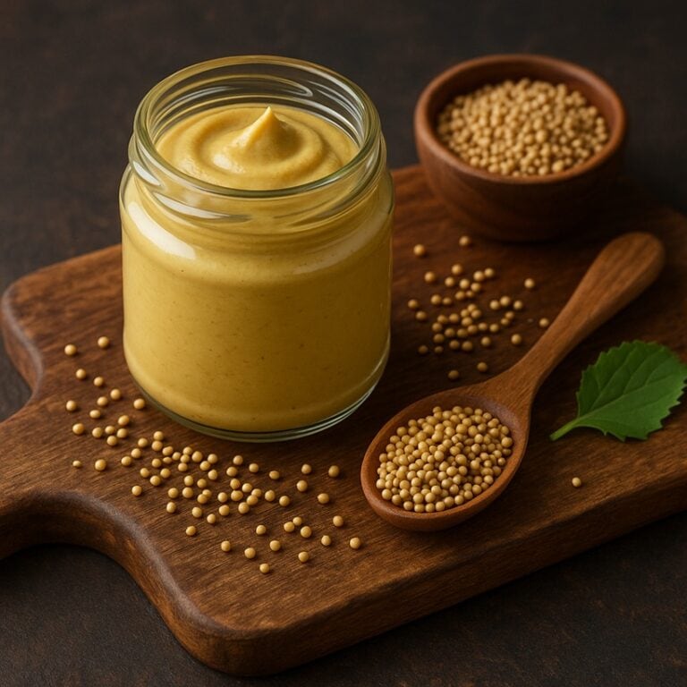 Jar di senape cremosa con semi e foglia su tagliere in legno