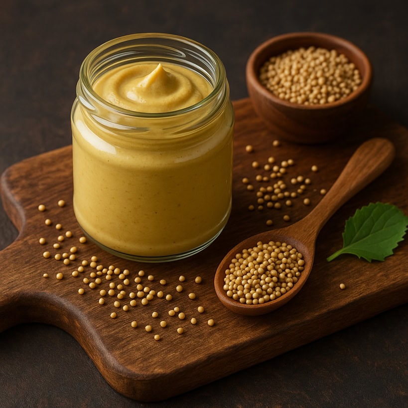 Jar di senape cremosa con semi e foglia su tagliere in legno