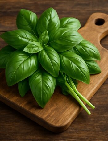 Un mazzetto di basilico fresco disposto su un tagliere rustico di legno, pronto per essere utilizzato in cucina.