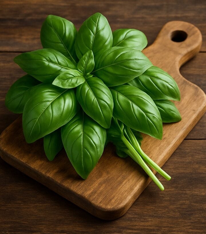 Un mazzetto di basilico fresco disposto su un tagliere rustico di legno, pronto per essere utilizzato in cucina.