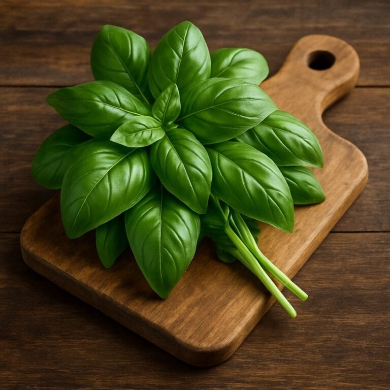 Un mazzetto di basilico fresco disposto su un tagliere rustico di legno, pronto per essere utilizzato in cucina.