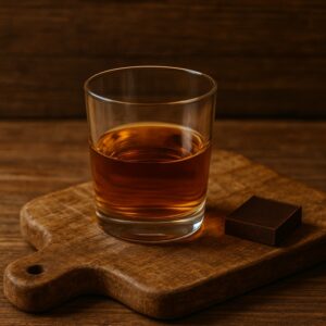Rum servito in bicchiere basso accanto a cioccolato su tagliere di legno