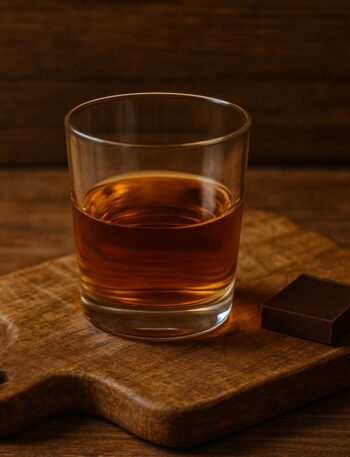Rum servito in bicchiere basso accanto a cioccolato su tagliere di legno