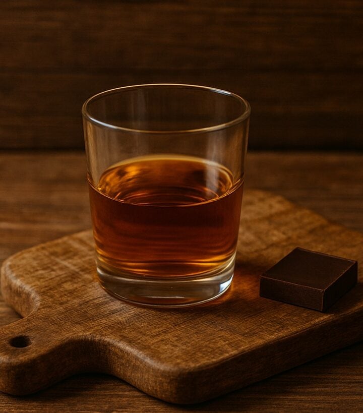Rum servito in bicchiere basso accanto a cioccolato su tagliere di legno