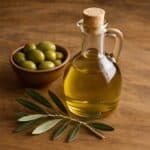 Una bottiglia di olio d'oliva in vetro con tappi di sughero, una ciotola di olive verdi e un ramo di ulivo su una superficie di legno rustico.
