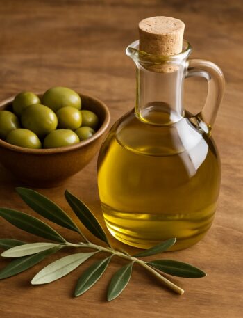 Una bottiglia di olio d'oliva in vetro con tappi di sughero, una ciotola di olive verdi e un ramo di ulivo su una superficie di legno rustico.