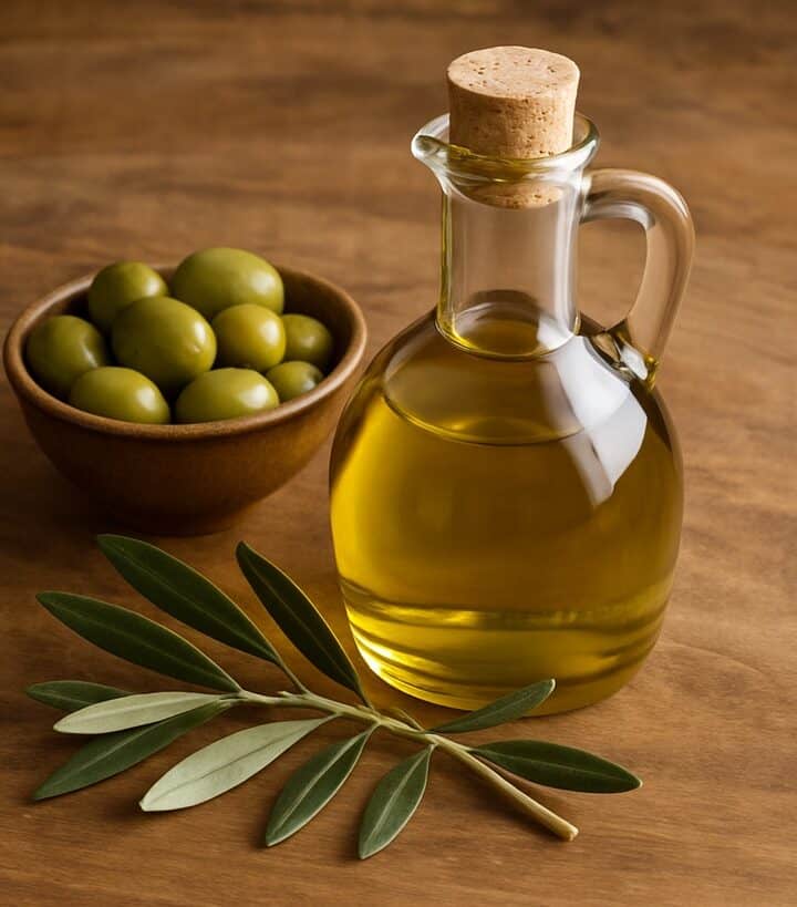 Una bottiglia di olio d'oliva in vetro con tappi di sughero, una ciotola di olive verdi e un ramo di ulivo su una superficie di legno rustico.