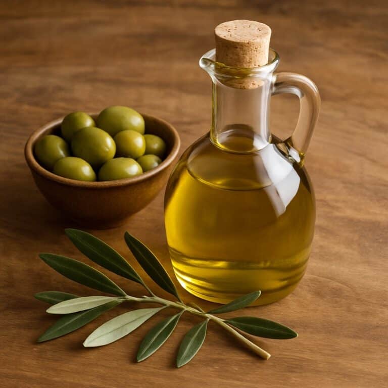 Una bottiglia di olio d'oliva in vetro con tappi di sughero, una ciotola di olive verdi e un ramo di ulivo su una superficie di legno rustico.
